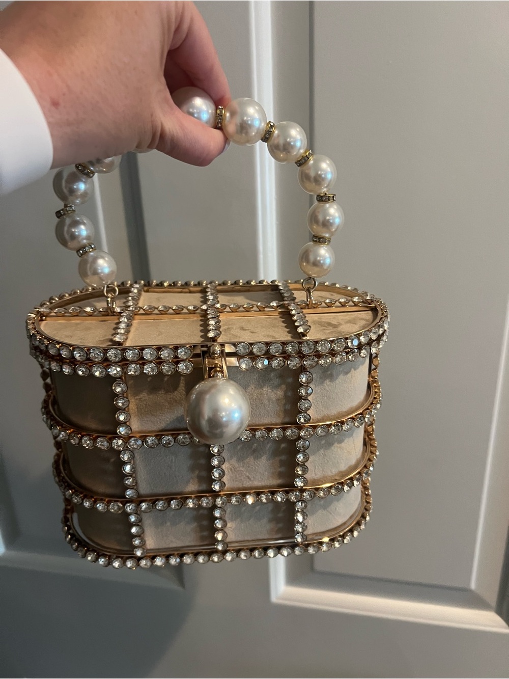 Pearl-Handle Crystal Grid Cream Evening Clutch